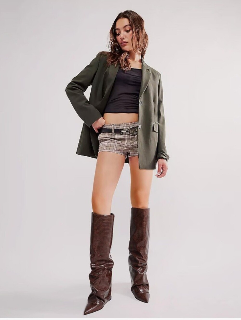 Synchoiss Fold Over Knee High Boots Women Wide Calf Chunky Heel Shark Boots US8